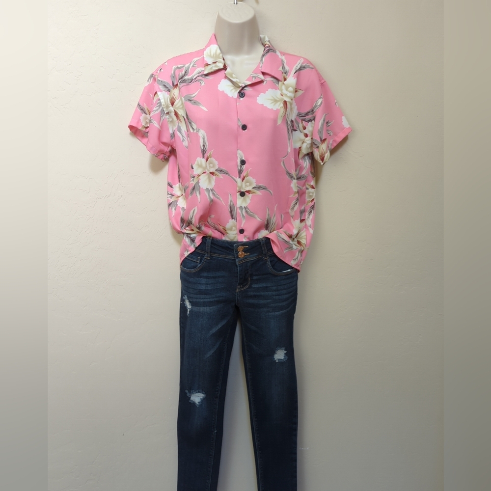MCedar Girls Sz 13/14 Floral Short Sleeve Button Up Blouse Pink